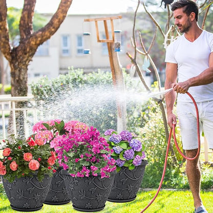 Nooulap 4 Pack 12 Inch Plant Pots for Outdoor Indoor, Plastic Flower Pots with Drainage Hole & Saucer, Modern Decorative Large Garden Pot, Imitation Magnolia Pots for Garden House Planters（Gray）