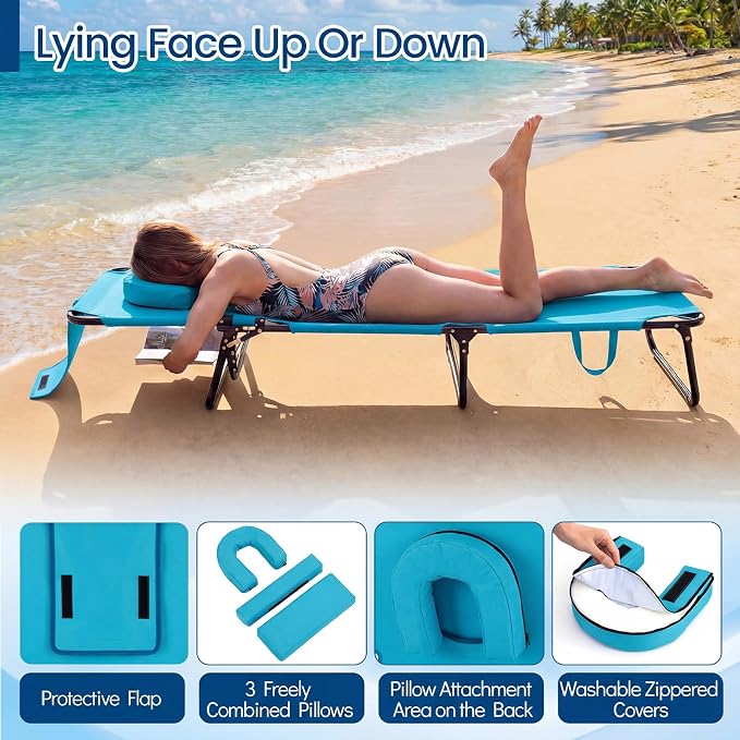 Giantex Folding Beach Tanning Chair - Adjustable Patio Lounge Chair w/Face Hole, Removable Pillows, Carry Strap, Layout Chair, Sunbathing Chaise Lounge Outdoor for Poolside Yard Lawn (2, Turquoise)