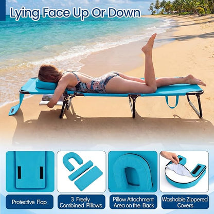 Giantex Folding Beach Tanning Chair - Adjustable Patio Lounge Chair w/Face Hole, Removable Pillows, Carry Strap, Layout Chair, Sunbathing Chaise Lounge Outdoor for Poolside Yard Lawn (1, Turquoise)