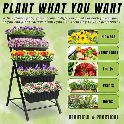Homdox 2 Pack Vertical Garden Bed, 5 Tiers Raised Garden Planter, 25.6 * 26 * 48 Inch with Drainage System & 4 Hooks, Vegetable Flower Stand for Garden Patio Yard (Black with 4 Wheels)