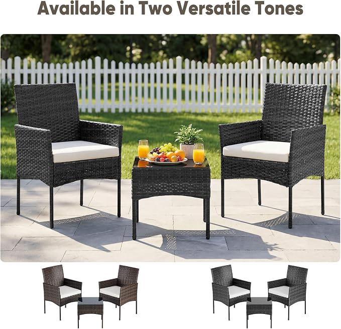 DUMOS 3 Piece Patio Furniture Set, All-Weather Outdoor Wicker Chairs with Removable Cushions & Tempered Glass Table, Small Bistro Set for Porch, Balcony, Lawn, Backyard, Black