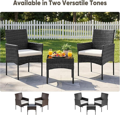 DUMOS 3-Piece Patio Furniture Set, All-Weather Outdoor Wicker Chairs with Removable Cushions & Tempered Glass Table, Small Bistro Set for Porch, Balcony, Lawn, Backyard, Black