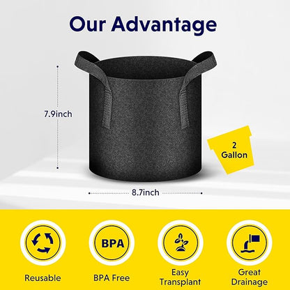 iPower 5-Pack 2 Gallon Plant Grow Bags Thickened Nonwoven Aeration Fabric Pots Heavy Duty Durable Container, Strap Handles for Garden, Black