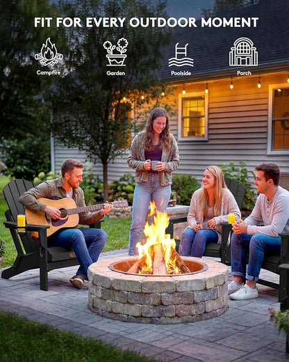 SERWALL Folding Adirondack Chair Set of 4, Weather Resistant HIPS Patio Chairs with Cup Holder for Garden Outdoors Fire Pit - Black