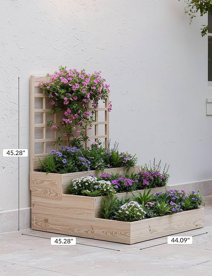 GarveeLife 3 Tier Raised Garden Bed with Trellis, Wooden Vertical Planters with Open-Ended Base for Climbing Plants Vines Flower Herb Vegetable Fruit, Outdoor Planter Boxes for Patio Yard Lawn