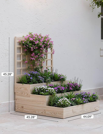 GarveeLife 3 Tier Raised Garden Bed with Trellis, Wooden Vertical Planters with Open-Ended Base for Climbing Plants Vines Flower Herb Vegetable Fruit, Outdoor Planter Boxes for Patio Yard Lawn