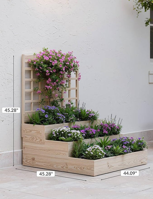 GarveeLife 3 Tier Raised Garden Bed with Trellis, Wooden Vertical Planters with Open-Ended Base for Climbing Plants Vines Flower Herb Vegetable Fruit, Outdoor Planter Boxes for Patio Yard Lawn