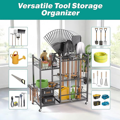 EVERHANGER Garden Tool Organizer, Garage Tool Storage Stand Organizer with Lockable Wheels, Yard Tool Racks, Fit for Long-Handled Tools/Rakes/Brooms