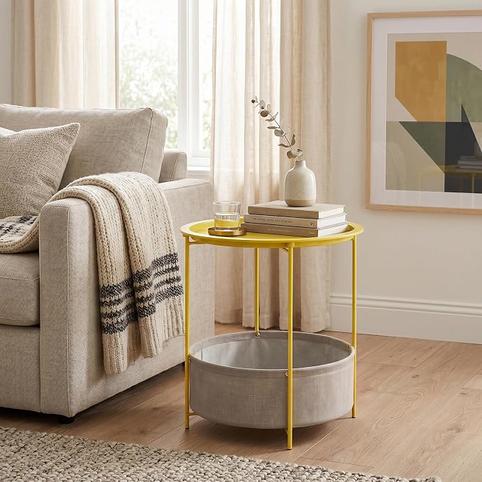 VECELO Round Side/End Table with Fabric Storage Basket，Metal Anti-Rust and Waterproof Small Bedside Nightstand with Removable Tray Top for Living Room，Balcony & Laundry，Yellow /1pcs with Basket