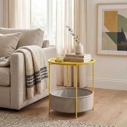 VECELO Round Side/End Table with Fabric Storage Basket，Metal Anti-Rust and Waterproof Small Bedside Nightstand with Removable Tray Top for Living Room，Balcony & Laundry，Yellow /1pcs with Basket