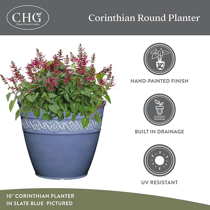 Classic Home and Garden Corinthian Round Planter, 13" Slate Blue