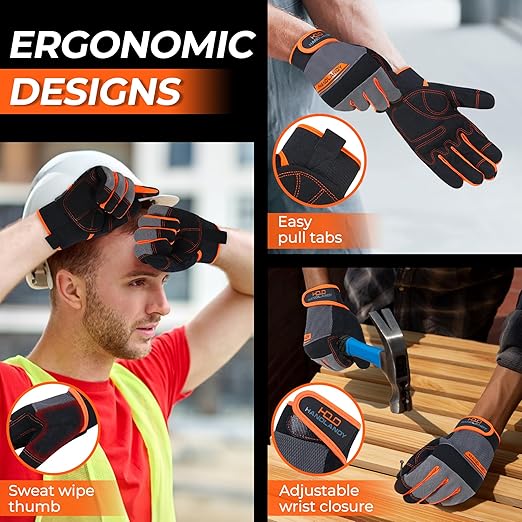 HANDLANDY Work Gloves Mens & Women, Utility Safety Mechanic Working Gloves Touch Screen, Flexible Breathable Yard Work Gloves (Medium, Orange)