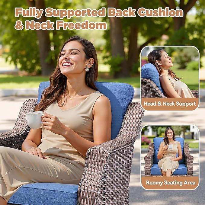 Outdoor Patio Furniture Set-8 Piece High Back Outdoor Furniture Set Sectional Sofa with Wicker Swivel Rocker Patio Chairs,Thick Cushions Ottomans for Porch Balcony Patio Deck Brown/Blue