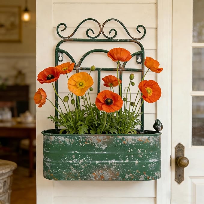 Rustic Metal Wall Planter Country Garden Wall Hanging Mount Vase Pocket Outdoor Vintage Hanging Pot Farmhouse Wall Decor for Plants Flowers (Green)