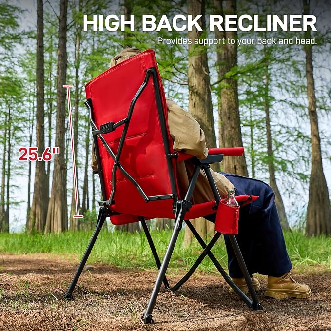 EVER ADVANCED Reclining Camping Chairs for Adult Lightweight, Folding Recliner Chair with Adjustable Back, 4-Level Lounge Chairs, Portable Lawn Chairs for Patio Balcony, Supports 350lbs Red