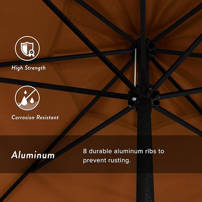 California Umbrella 9' Rd Aluminum Patio Umbrella, Crank Lift, Auto Tilt, Black Finish, 4yr Fade Warranty, Tuscan