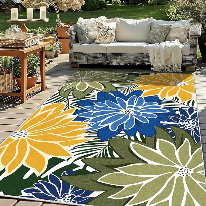 ZonLi Colorful Outdoor Rug 9x12Ft Waterproof Multicolored Indoor Area Rug Washable Outdoor Patio Rugs Tropical Floral Non Slip Outdoor Carpet for Living Room, Pool,Backyard,Deck,Camping
