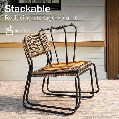 PHI VILLA 3 Pieces Outdoor Wicker Bistro Set for 2, Stackable Rattan Chairs & Acacia Wood Round End Table, Small Teak Conversation Furniture Set for Patio, Deck, Yard, Porch, Balcony