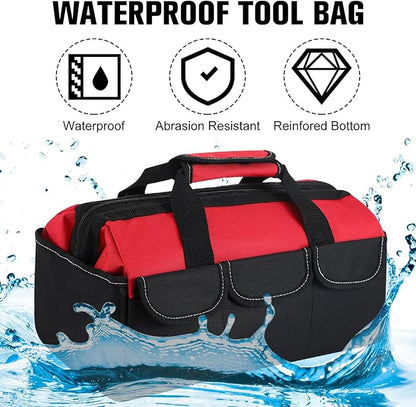 Sanwuta 3 Pack Tool Bag for Men with Waterproof Hard Bottom, Heavy Duty Tool Bag Wide Mouth Tote for Various Instrument, Electrician Carpenter Mechanic (Blue, Red, Yellow,16 Inch,Side Pockets)