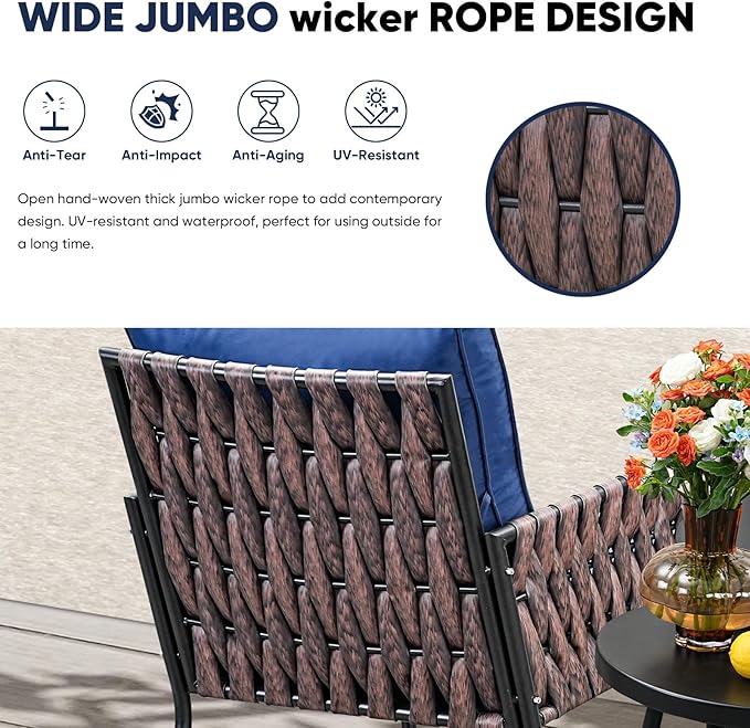Patio Furniture Set, 3-Piece Wider Outdoor Metal Seating Sofa with High Back, Coffee Ta ble, All Weather Rattan Conversation for Garden,Backyard, Poolside-Navy