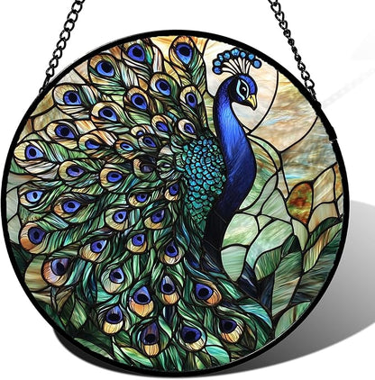 Stained Glass Window Hanging, Turquoise Peacock Sun Catcher for Door Home Decor Blue Green Suncatcher Christmas Mother's Day Birthday Gifts for Women Men Mom and Nana 11.8 in