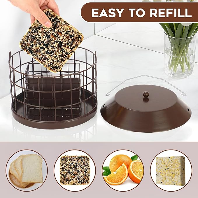 Gbekery Caged Suet Bird Feeder for Outdoors Hanging, Squirrel Proof Double Suet Feeder for Small Birds, Metal Cage with Detachable Hook, Large Space, Outdoors Weatherproof, Brown