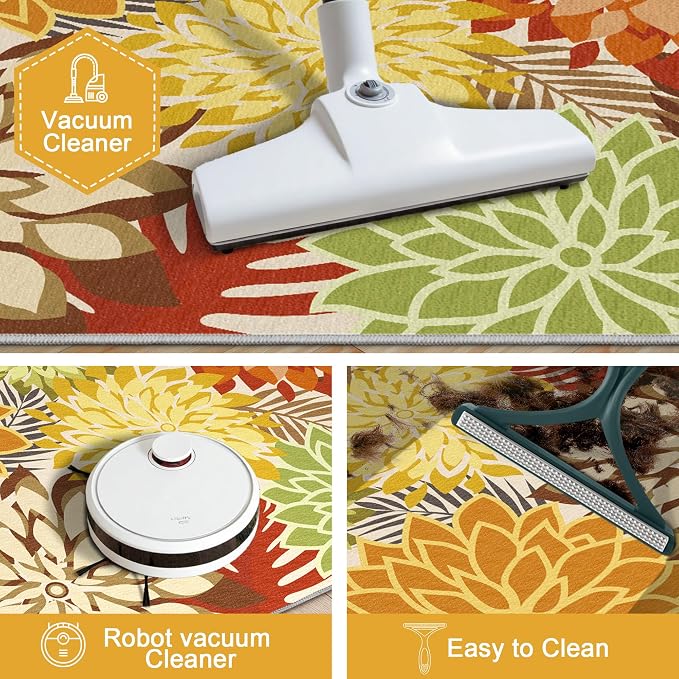 Colorful 3x5 Washable Rug for Living Room Tropical Botanical Modern Floral Chenille Area Rugs Low Pile Non Slip Carpet for Patio, Bedroom, Laundry, Orange