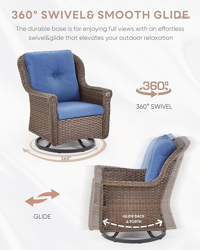 Outdoor Patio Swivel Gliders with Fire Pit Table 5 Piece Set - High Back Brown Wicker Rattan Rocking Chair with Thick Cushion for Porch Apartment Deck Yard Poolside Garden - Navy Blue