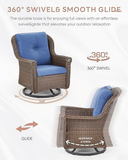 Outdoor Patio Swivel Gliders with Fire Pit Table 5 Piece Set - High Back Brown Wicker Rattan Rocking Chair with Thick Cushion for Porch Apartment Deck Yard Poolside Garden - Navy Blue