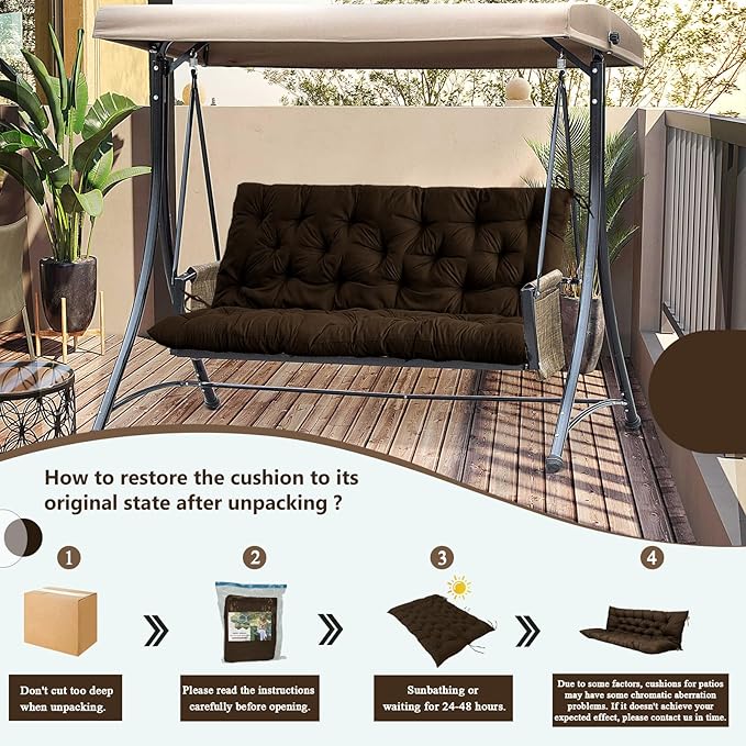 2/3 Seater Swing Replacement Cushion, Waterproof Porch Swing Cushions with Backrest, Thickened Bench Cushions for Outdoor Furniture, for Outdoor Patio Swing (Brown, 60 * 40 in)