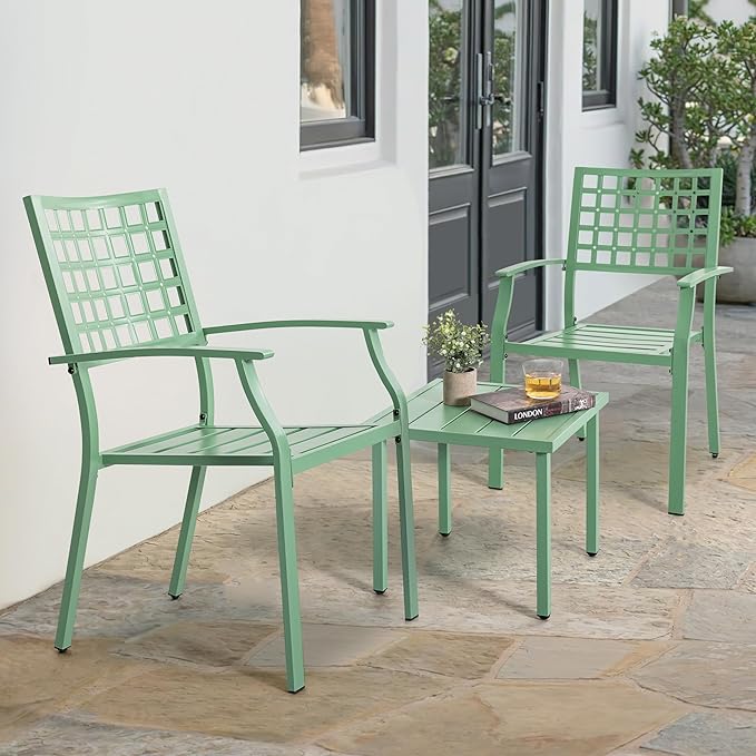NUU GARDEN 3 Pieces Outdoor Bistro Set, All-Weather Patio Furniture with 2 Metal Stackable Chairs and Square Table, Waterproof Set for Balcony, Porch, Garden, Deck, Green