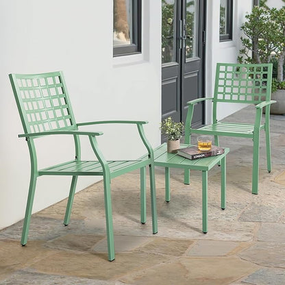 NUU GARDEN 3 Pieces Outdoor Bistro Set, All-Weather Patio Furniture with 2 Metal Stackable Chairs and Square Table, Waterproof Set for Balcony, Porch, Garden, Deck, Green