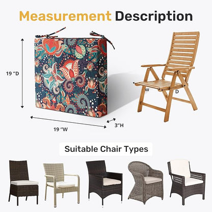 UNIKOME Outdoor Chair Cushions Pack of 4, Water Resistant Patio Cushions with Ties, High Density Sponge Filling Square Corner Seat Cushions for Outdoor Furniture, 19"*19"*3", Boho