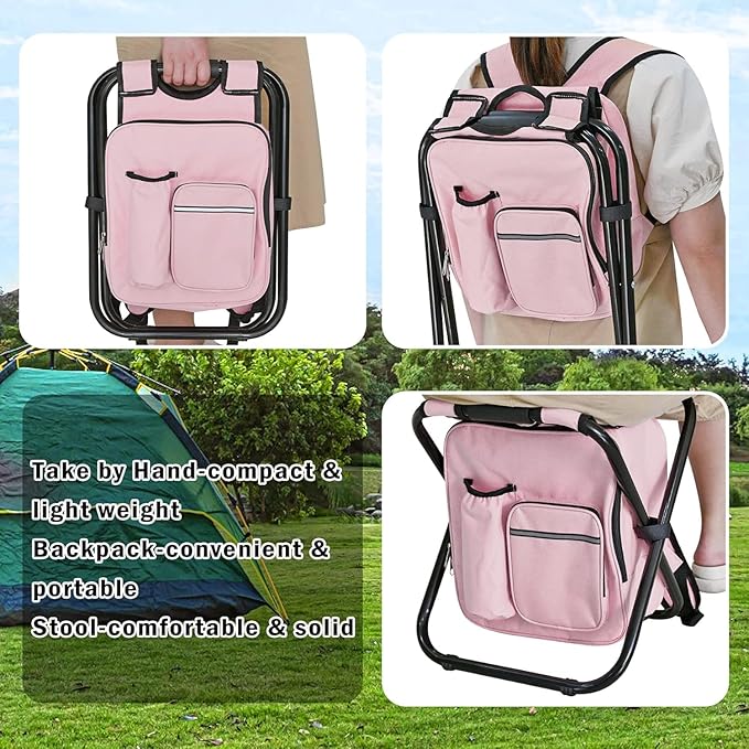 Kikerike Backpack Stool Cooler Chair Heavy Duty 300 LBS Max Load Portable Lightweight Stool Backpack Folding Fishing Cooler Seat for Camping Hunting Fishing