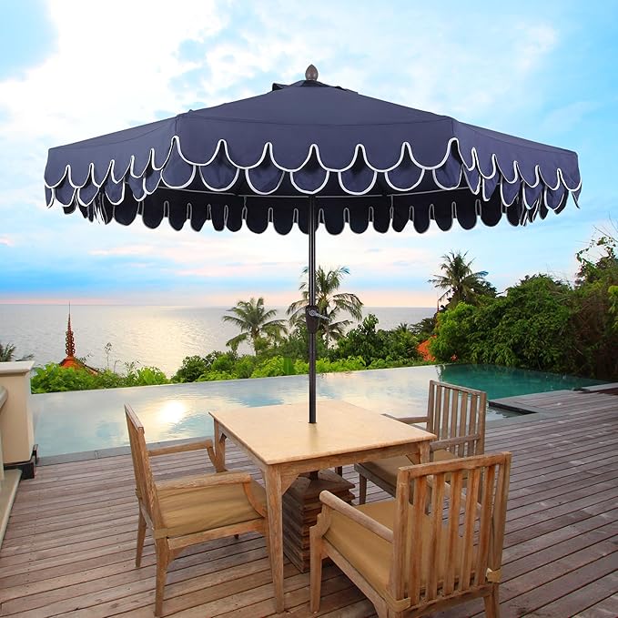JONATHAN Y UMB1002B Tracy 9 ft. Classic MidCentury Scalloped Fringe Market Patio Umbrella with Auto-Tilt, Crank, Wind Vent and UV Protection in Navy/White