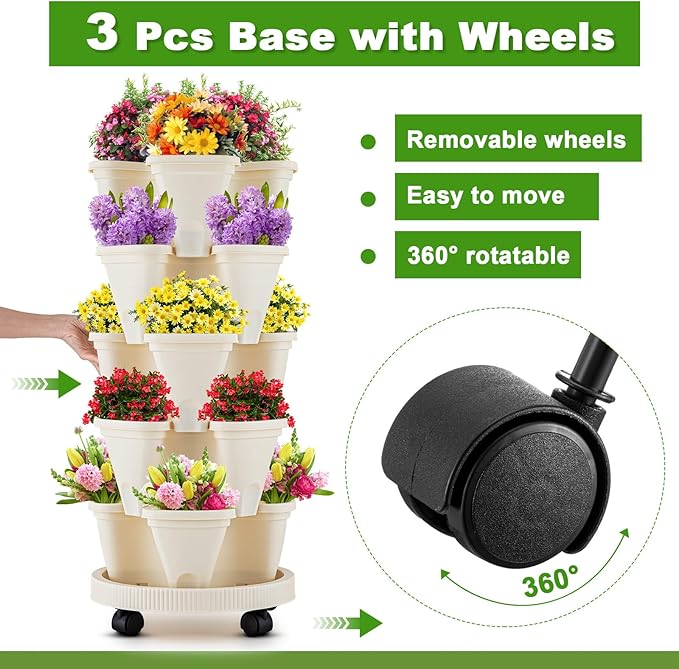 Nitial 3 Set 5 Tier Vertical Garden Planter Stackable Planters with Tray and Planting Tools Accessories for Indoor Outdoor Strawberries Herbs Peppers Flowers and Succulents