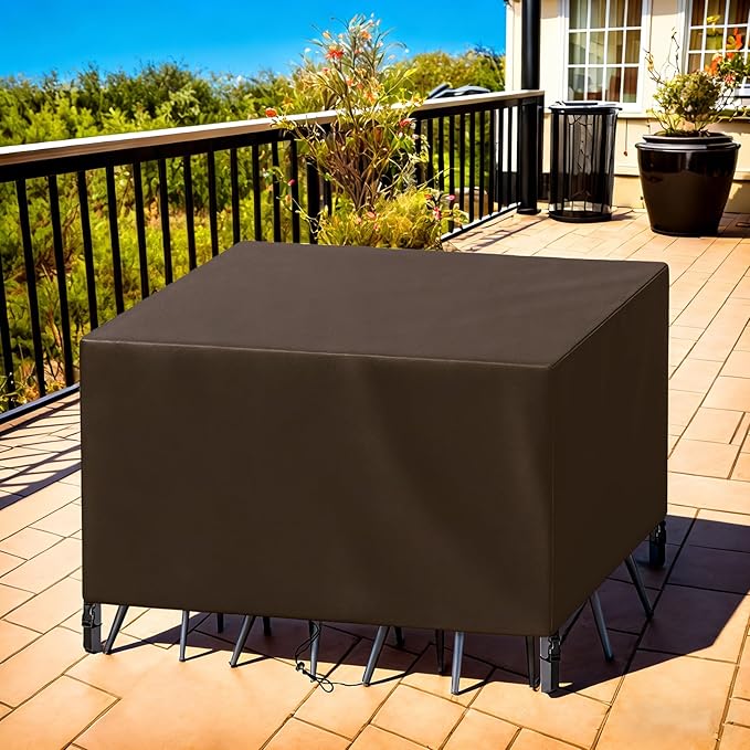 Patio Furniture Cover Rectangle 84"(L) x 44"(W) x 28"(H), Custom Heavy Duty 420D Waterproof Outdoor Cover with Drawstring & Buckles for Table Chair Garden, Coffee
