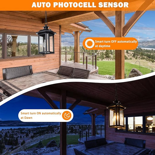 JYZ Dusk to Dawn Outdoor Pendant Lighting, Exterior Hanging Lantern Light Fixture, Classic Black Outdoor Chandelier, Outside Ceiling Mount Hanging Lamp for Porch Hallway Foyer Patio Gazebo Pergola