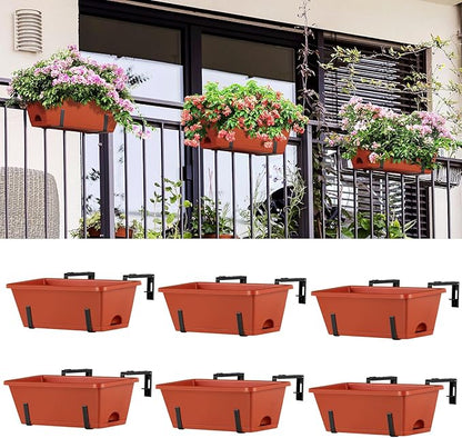 ETELI Railing Planter Box 6 Pack Balcony Planters Railing Hanging with Metal Brackets Window Boxes Deck Rail Planter for Outdoor Indoor Porch Garden Patio, Red & Black