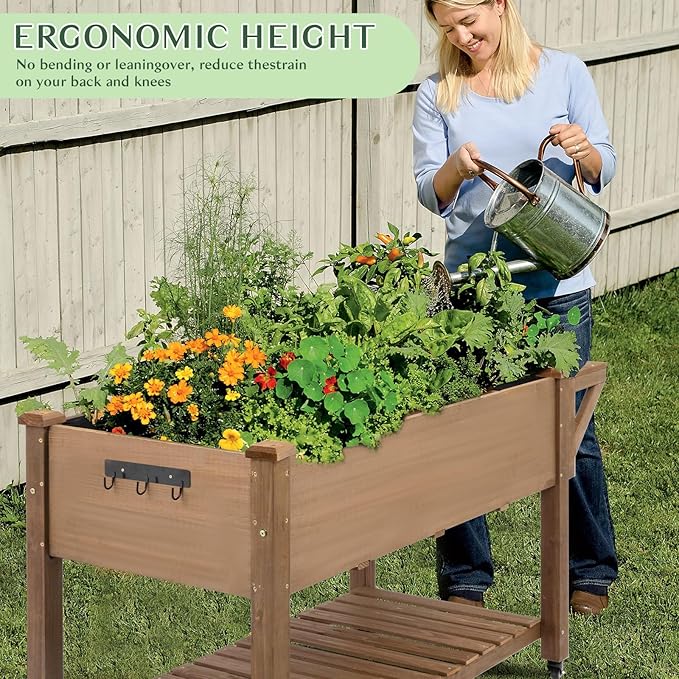 Raised Garden Bed Outdoor with Lockable Wheels, 55"x 24" x 33" Elevated Wood Planter Box for Backyard Balcony Patio, Garden Flower Beds with Drainage Holes & Storage Shelf, Gift for Gardening, Brown