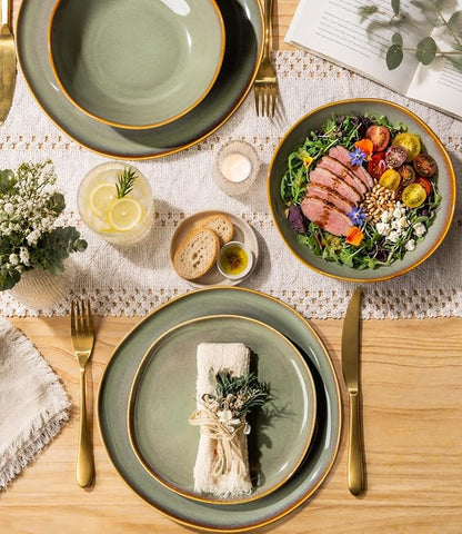 TheTerra Ceramic Dinnerware Set for 4, 12-Piece Plates and Bowls Set | Lightweight Porcelain Dish Set, Scratch Resistant, Oven & Microwave & Dishwasher Safe, Sage Umber