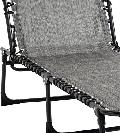 Outdoor Lounge Chair, Tanning Chair with Sunshade Roof, Adjustable Backrest Folding Chaise Lounge with Pillow Headrest for Outside, Beach, Camping, Hiking (No Sunshade Roof, Light Gray)