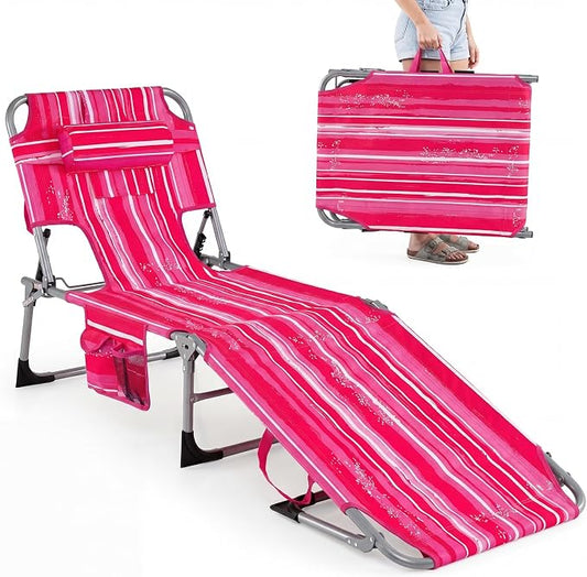 GYMAX Tanning Chair with Face Hole, Sun Bathing Lounge Chairs for Outside with Side Pocket, Folding Portable Face Down Layout Tanning Chair Beach, Backyard, Poolside, Lawn (Pink Stripe,1)
