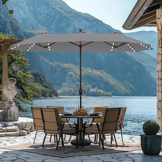 HERA'S PALACE 13ft Patio Umbrella with 120 LED Solar Lights Double Sided Outdoor Umbrella for Patio 8 Colors Changing Table Umbrella Outdoor Patio for Garden Pool