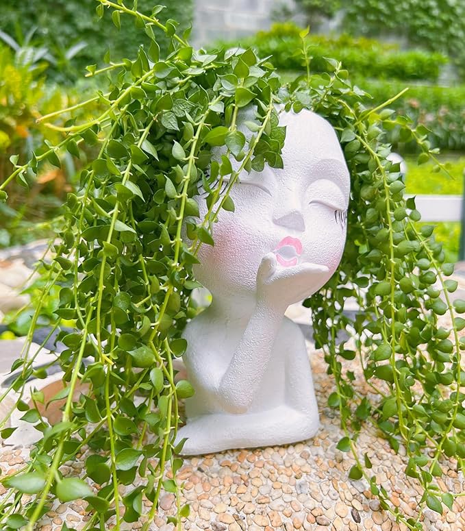 Handmade Face Flower Pots Standing Air Kiss Head Planter Pot for Trailing Plants Cute Succulent Planter Resin Planters Funny Face Planters with Anti-Friction Pads White 1Pack