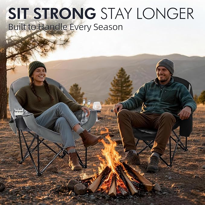 Oversized Camping Chair for Adults - Heavy Duty Outdoor Padded Large Lawn Camp Chair with Cup Holder Cooler Pockets for Sports Beach Fishing Garden Portable Supports 500lbs, Black/Grey 2 Pack