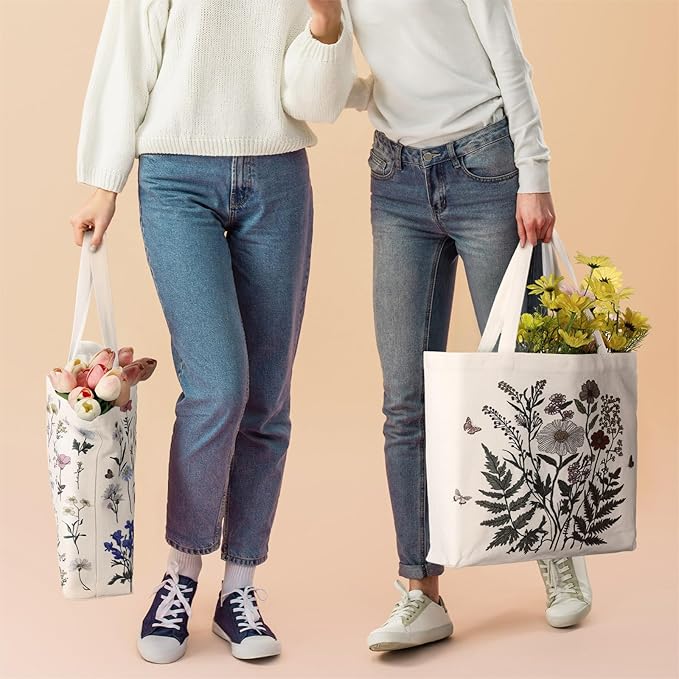 Bencailor 2 Pcs Spring Flower Canvas Tote Bags Reusable Wildflowers Herbs Plant Grocery Bags for Women Shopping Spring Gifts(Flower)