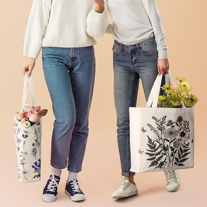 Bencailor 2 Pcs Spring Flower Canvas Tote Bags Reusable Wildflowers Herbs Plant Grocery Bags for Women Shopping Spring Gifts(Flower)