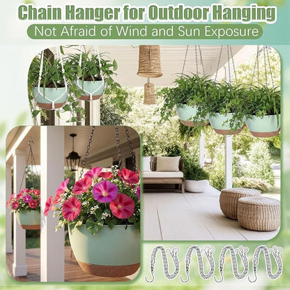 Sliner Set of 4-12 Inch Self Watering Hanging Planters Includes Hanging Pots and Outdoor Hanger Plant Pots with Drainage Holes 2 Types of Hanger Basket Hooks for Patio Garden(Green Brown)