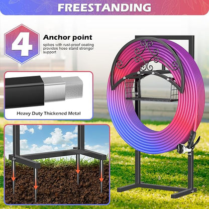 OLV Garden Hose Holder, Freestanding Water Hose Holder Stand with Storage Basket Holds 150-ft Pipe, Heavy Duty Outdoor Decorative Metal Hose Storage Hanger Rack for Outside Yard Lawn Farm